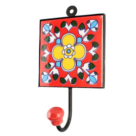 Ceramic Floral Tile Hook in Red
